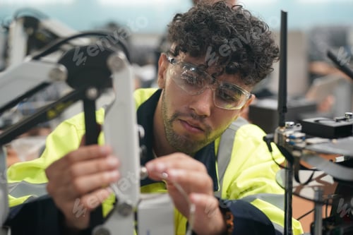 Focused Young Man Assembling a Drone Device