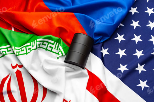 Preview: Flags of Iran, USA and Russia together with oil barrel. Oil embargo, oil crisis concept