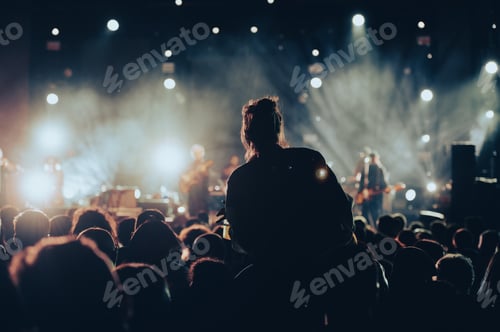 Preview: Silhouette of a woman with raised hands on a concert