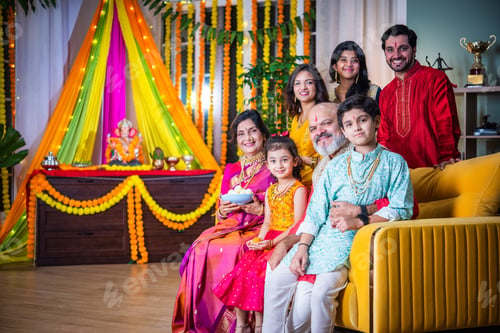 Preview: Indian festival Ganesh Utsav - family in traditional attire posing for group photo