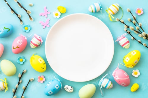 Preview: Easter table setting, Easter food background.