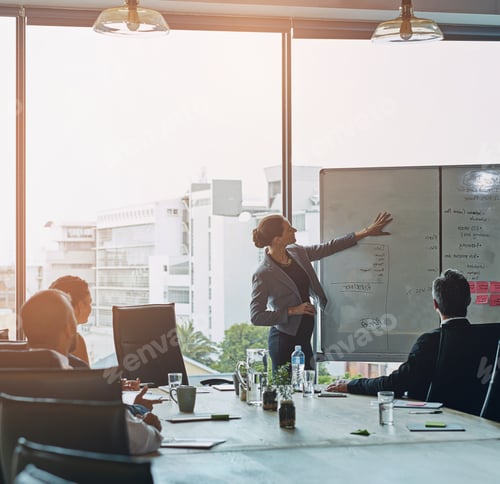 Preview: Meeting, whiteboard and woman leader with presentation in office for planning, schedule or project