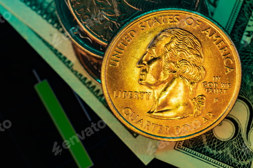 Preview: American dollar banknotes and coins on black background