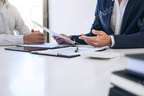 Preview: Agent man presentation and consulting car insurance detail to customer and waiting for his reply to