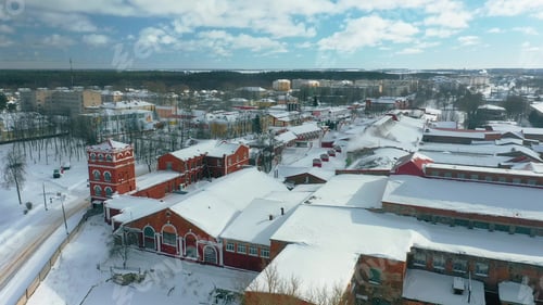 Preview: Dobrush, Gomel Region, Belarus. Aerial View Of Old Paper Mill Factory. Bird's-eye View At Snowy
