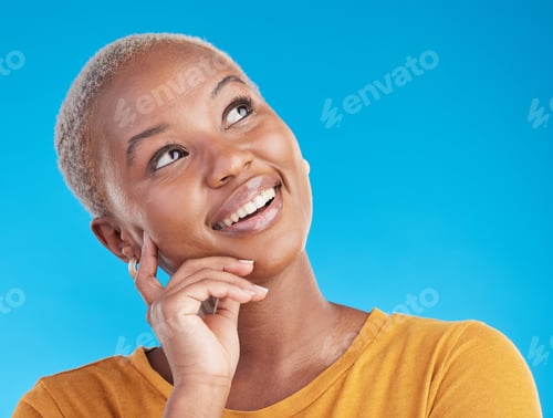 Preview: Thinking, smile and black woman with ideas, opportunity and solution on a blue studio background. P