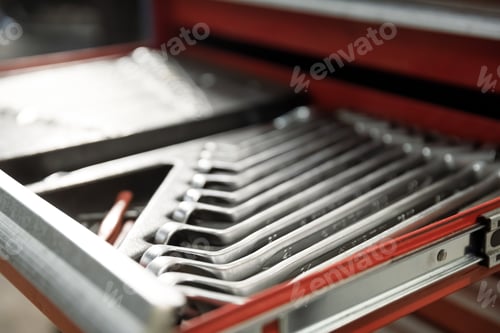 Preview: Professional red toolbox. A set of tools for repair in car service.