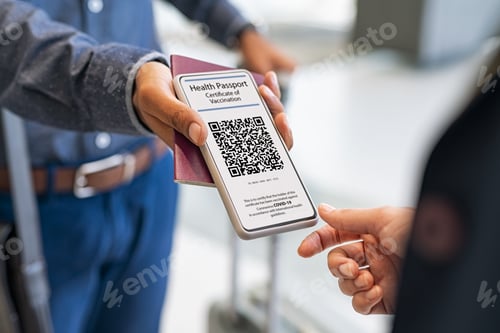 Preview: Man showing health vaccination passport to stewardess before flight
