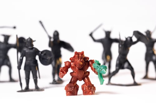 Preview: Vintage toys-rhino robot and toy soldiers isolated on white background