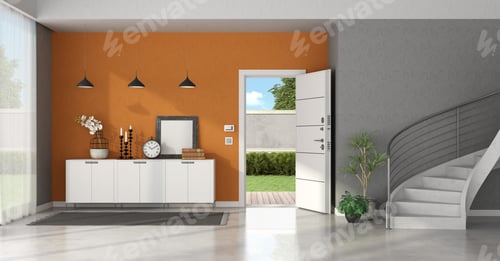 Preview: Entrance hallway with white open door with garden on background