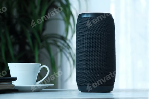 Preview: smart speaker and tea cup on wooden table