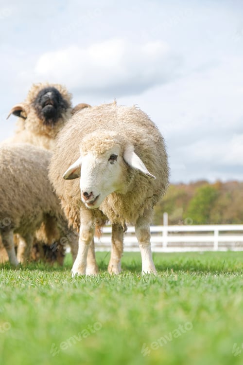 Preview: Shorn sheep resting in grassy field, calmly observing the surroundings