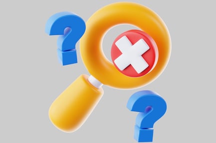 Preview: Magnifying glass with red circle and blue question marks.