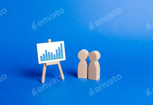 Preview: Figures of people look at the stand with positive trend chart and discuss business strategy and