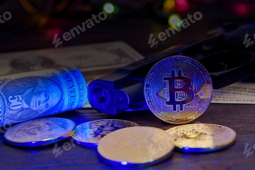 Preview: Bitcoins and dollar banknotes on a table with UV light