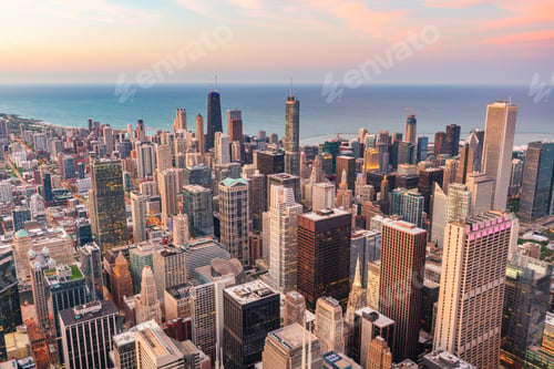 Preview: Chicago, Illinois, USA Aerial Cityscape at Dusk