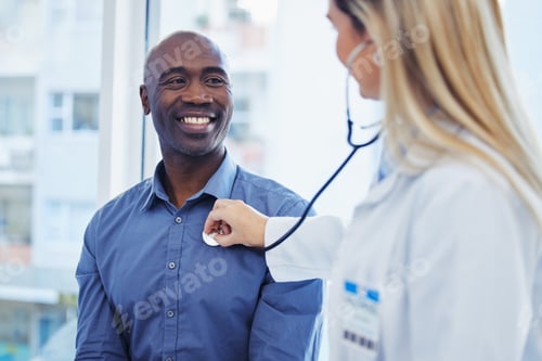 Preview: Patient, doctor woman and consultation with stethoscope in hospital for cardiology or health insura