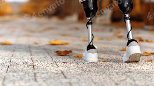Preview: View of a walking man with prosthetic legs and white sneakers