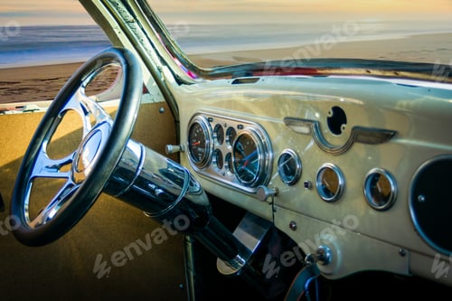 Preview: Car Interior with dash and steering wheel.
