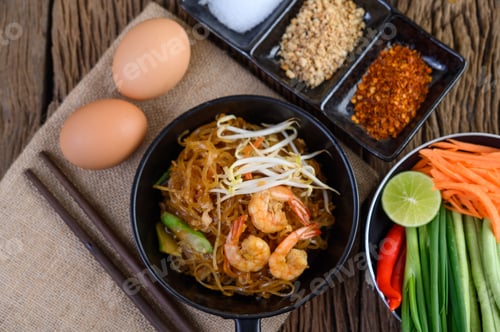 Preview: Padthai shrimp in a black bowl with eggs and Seasoning on wooden table.