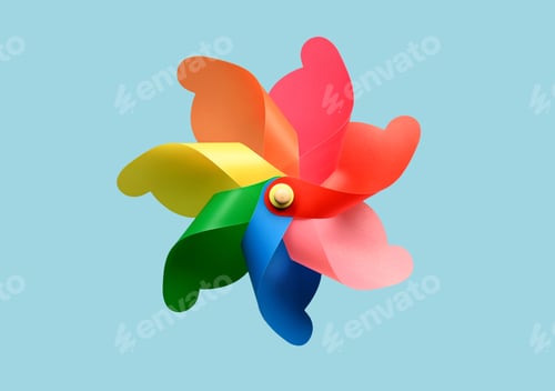 Preview: Rainbow colored pinwheel on blue background