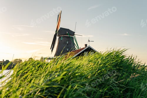 Preview: Rural landscape with windmills at golden hour.