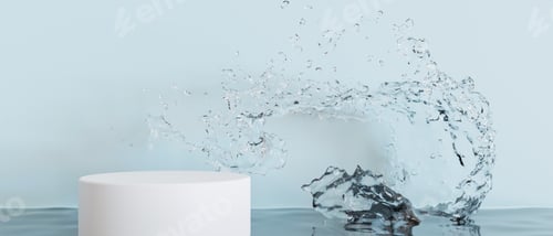 Preview: White round podium with water splash on light blue background. Mock up for product, cosmetic