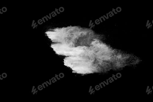 Preview: White powder explosion cloud against black background. White dust particles splash.