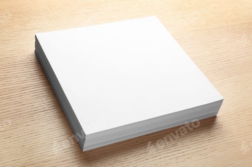 Preview: Stack of blank paper sheets for brochure on wooden background. Mock up