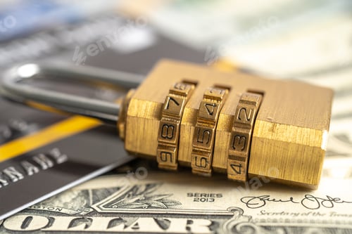 Preview: Credit card with password key lock security on US dollar background.