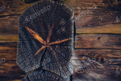 Preview: Top view of an old wooden log with detailed rings and cracks