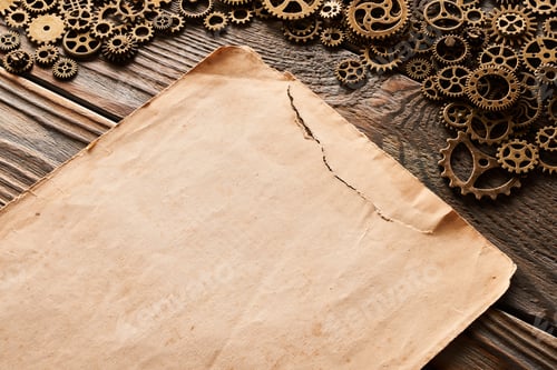 Preview: Various metal cogwheels and blank paper