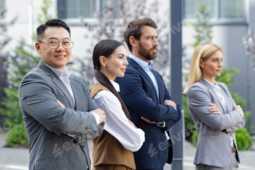 Preview: Confident business professionals standing together outdoors