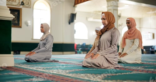Preview: Muslim, knee or women in mosque to worship for Palestine, gratitude and support to Allah on holy ca