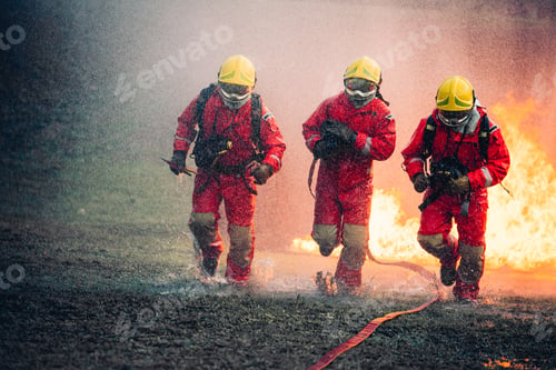 Preview: Firefighter in Full Protective Gear. Fireman Combats Intense Blaze with Life-Saving Equipment.