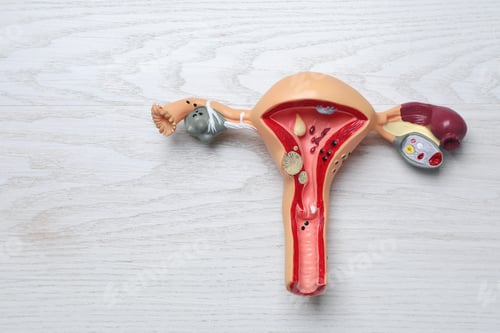 Preview: Anatomical model of uterus on white wooden table, top view with space for text. Gynecology concept