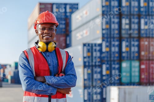 Preview: Black male African American smiling engineering in uniform wear hard hat standing containers yard.