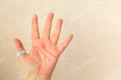 Preview: Palmistry. Female palm with life lines drawn with felt-tip pen isolated on light beige background