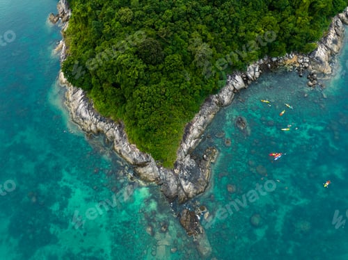 Preview: Aerial top view tourists kayaking, swimming and snorkeling at Koh Man island, Phuket, Thailand