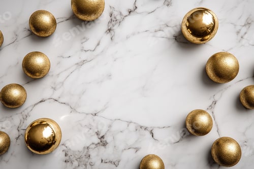 Preview: Golden Spheres on White Marble Background with Copy Space