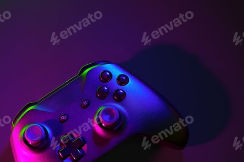 Preview: Gaming joystick on black background in neon light