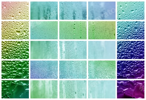 Preview: A collage of many different fragments of glass, decorated with rain drops from the condensate