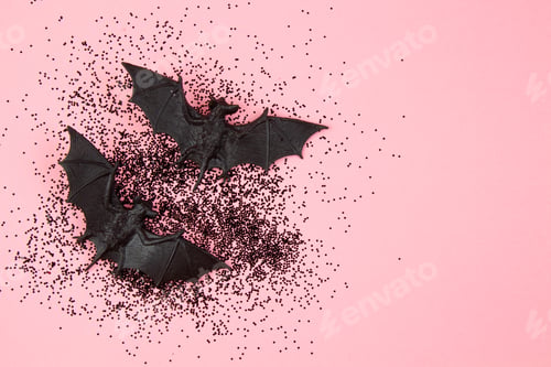 Preview: Top view of Halloween decoration with plastic bats. Party, invitation, halloween decoration