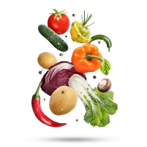 Preview: Fresh vegetables, herbs and spices in air on white background
