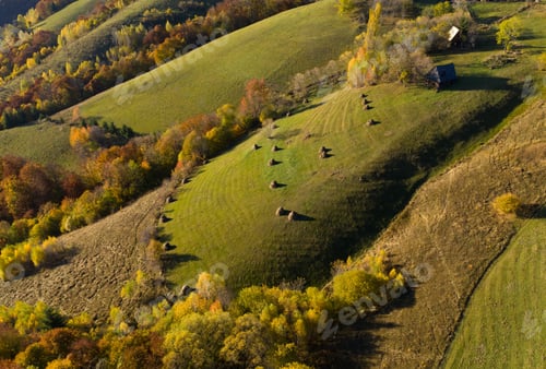 Preview: Seasonal autumn rural countryside panorama from above, aerial drone point of view