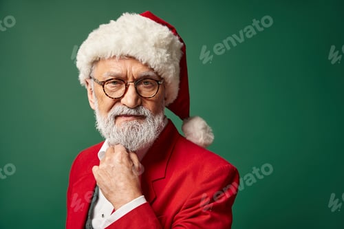 Preview: serious elegant Santa in glasses with beard looking at camera with hand under chin, winter concept