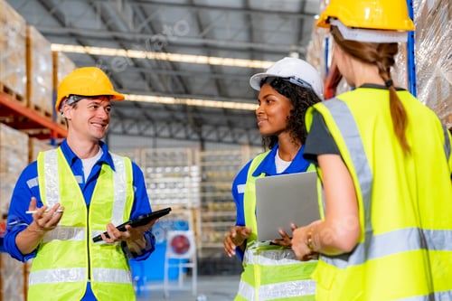 Preview: Warehouse workers discussing shipping scheduledistribution warehouse.