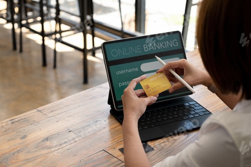 Preview: Middle asian woman doing e-shopping with credit card and laptop computer, online purchase concept