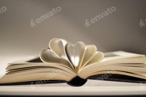 Preview: Closeup shot of book papers folded into hearts