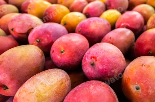 Preview: Stacks Of Mango Fruits In Vivid Red Color At Traditional Marketplace, Taiwan